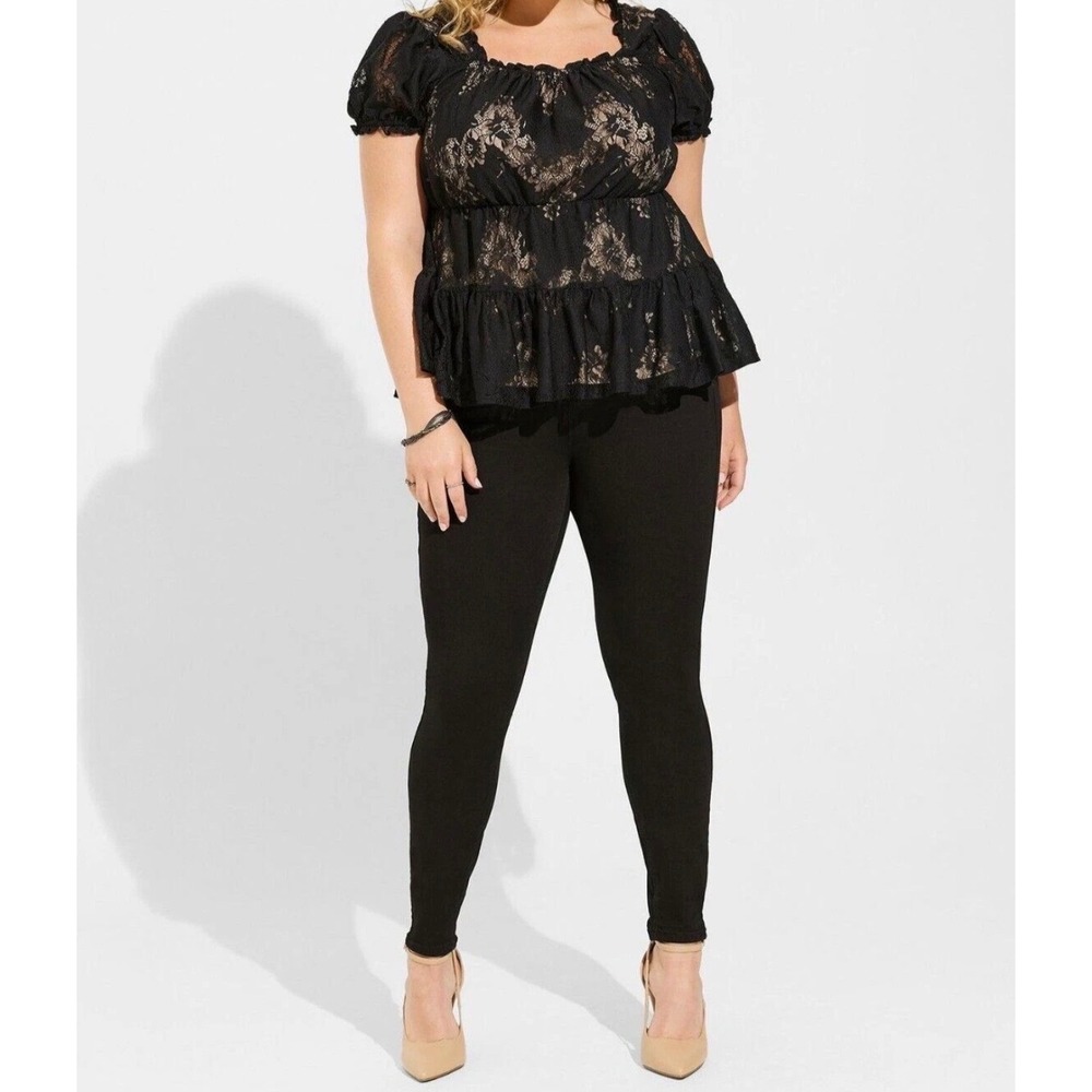 Torrid Lace Babydoll Top Womens 00 Black Floral‎ Puff Sleeve Peplum Blouse